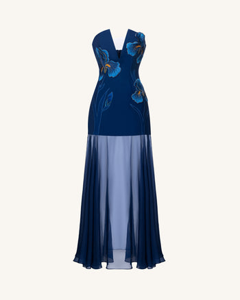 Iris Robe longue brodée à décolleté plongeant et voile transparent - Bleu marine