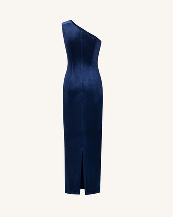 Iris Robe longue en velours brodée asymétrique - Bleu marine