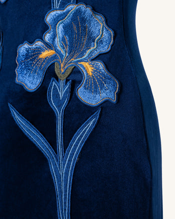 Iris Robe longue en velours brodée asymétrique - Bleu marine
