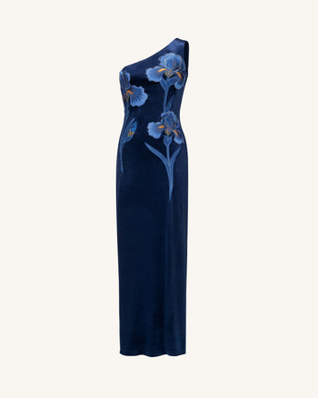 Iris Robe longue en velours brodée asymétrique - Bleu marine