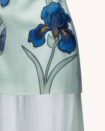 Iris Robe longue bustier brodée avec voile transparent - Vert sauge
