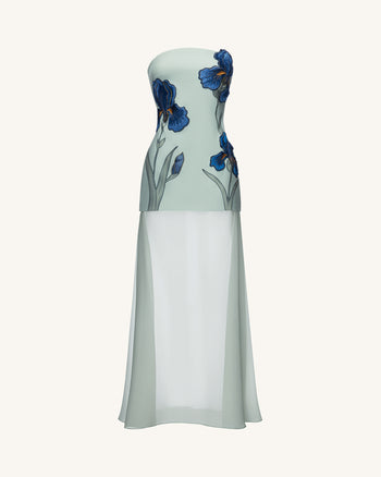 Iris Robe longue bustier brodée avec voile transparent - Vert sauge