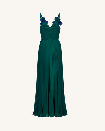 Iris Robe longue brodée à col en V et plis - Vert émeraude