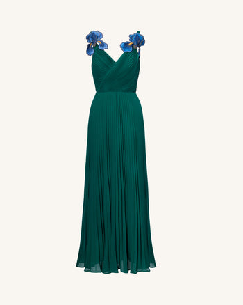 Iris Robe longue brodée à col en V et plis - Vert émeraude