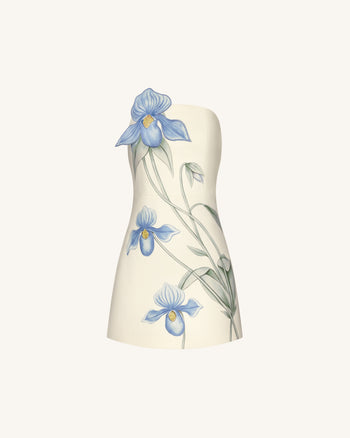 Mini-Robe Appliqué Orchidée Sabot - Ivoire/Bleu