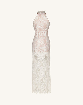 Robe dos nu en dentelle ornée de bijoux - Blanc