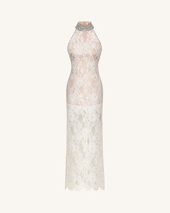 Robe dos nu en dentelle ornée de bijoux - Blanc