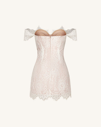 Robe Mini en Dentelle Épaules Dénudées - Blanc