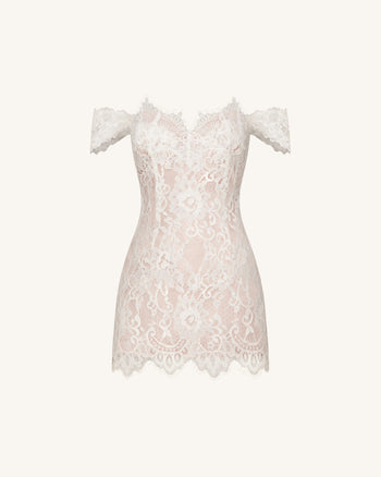 Robe Mini en Dentelle Épaules Dénudées - Blanc