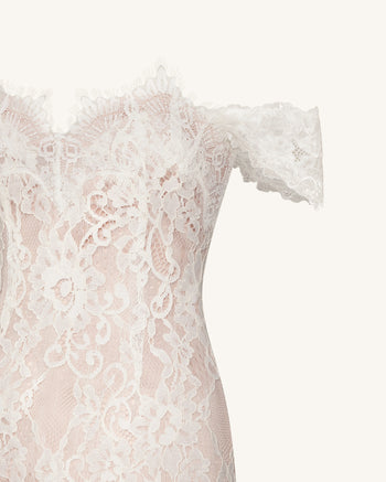 Robe Mini en Dentelle Épaules Dénudées - Blanc