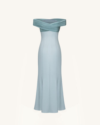 Robe longue dos nu croisé en satin plissé - Bleu poudré