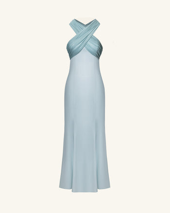 Robe longue dos nu croisé en satin plissé - Bleu poudré