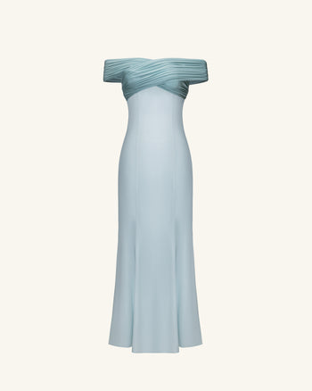 Robe longue dos nu croisé en satin plissé - Bleu poudré