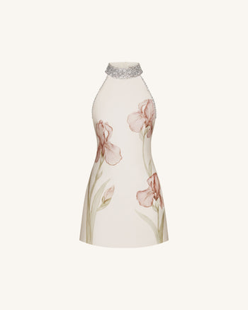 Robe dos nu à motifs Iris avec ornements bijoux - Ivoire/Rose