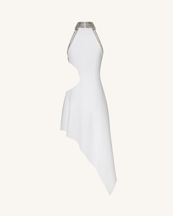 Robe à col montant ajourée avec ornements bijoux Floral - Blanc