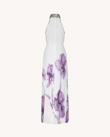 Robe longue plissée dos nu à col bijoux et imprimé Iris - Blanc/Violet
