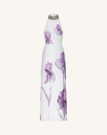 Robe longue plissée dos nu à col bijoux et imprimé Iris - Blanc/Violet