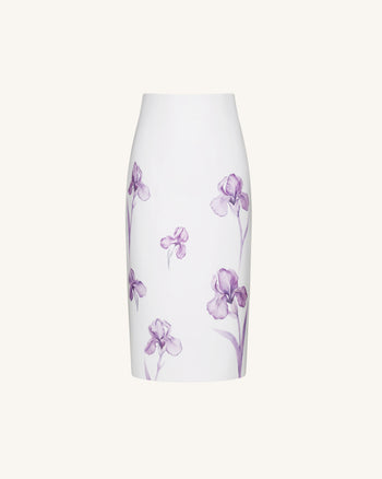 Jupe crayon midi à taille haute imprimée Iris - Blanc/Violet