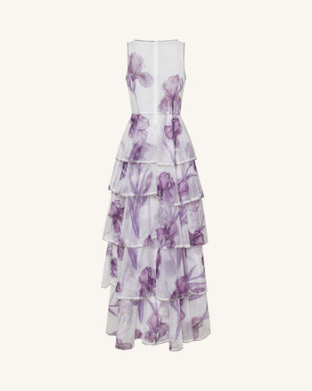 Robe Longue Organza Imprimé Iris à Volants Bordures Bijoux - Blanc/Violet