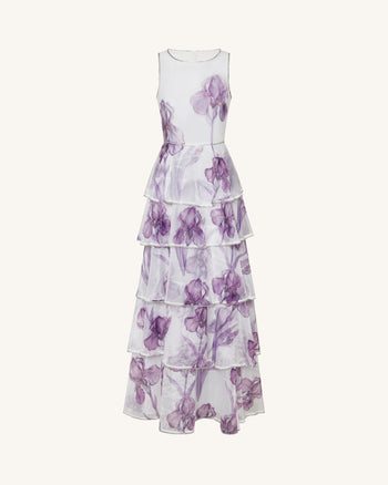 Robe Longue Organza Imprimé Iris à Volants Bordures Bijoux - Blanc/Violet
