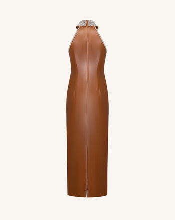 Robe longue dos nu à col montant ornée de bijoux - Marron caramel