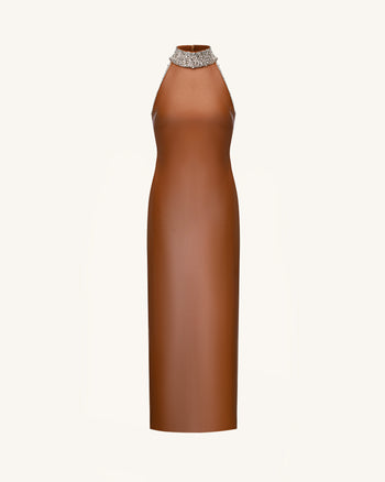 Robe longue dos nu à col montant ornée de bijoux - Marron caramel