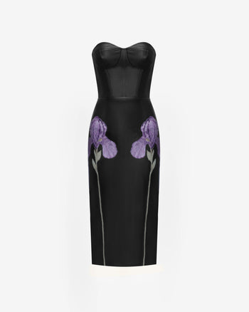 Iris Robe midi corset en cuir à imprimé floral - Noir