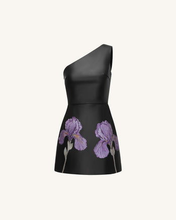 Iris Mini robe en cuir à une épaule et imprimé floral - Noir
