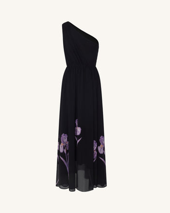 Robe maxi fleurie à une épaule - Noir