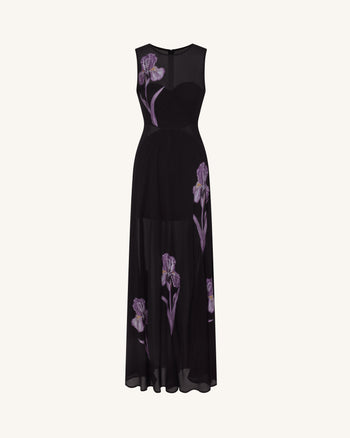 Robe maxi à empiècements en voile à imprimé floral - Noir
