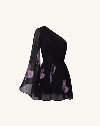 Robe fleurie en mesh à une épaule - Noir