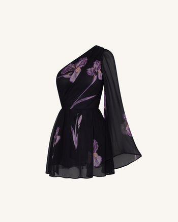 Robe fleurie en mesh à une épaule - Noir