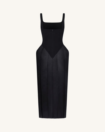 Robe midi à col carré et paniers - Noir