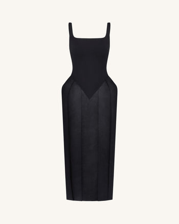 Robe midi à col carré et paniers - Noir