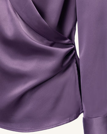 Blouse à manches longues en satin à col en V cache-cœur - Mauve poudré