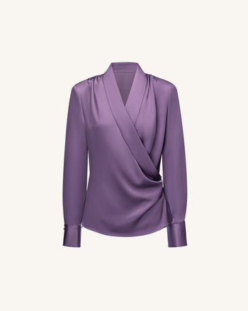 Blouse à manches longues en satin à col en V cache-cœur - Mauve poudré