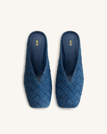 Ellie Mules à talons tressées à bout carré - Bleu denim