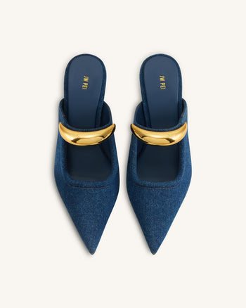 Sofia Mules à talon sphérique avec détail en métal - Bleu jean