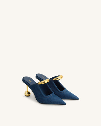 Sofia Mules à talon sphérique avec détail en métal - Bleu jean