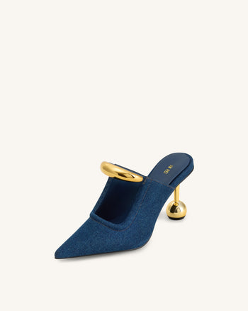 Sofia Mules à talon sphérique avec détail en métal - Bleu jean