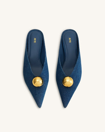 Helena Mules à bout pointu et sphère dorée - Bleu jean