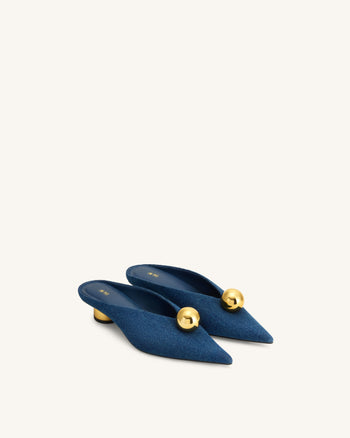Helena Mules à bout pointu et sphère dorée - Bleu jean