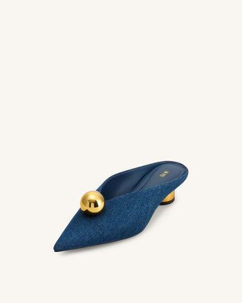 Helena Mules à bout pointu et sphère dorée - Bleu jean