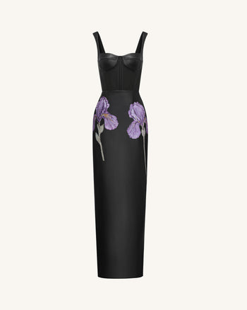 Iris Robe longue corset à bretelles en cuir à imprimé floral - Noir