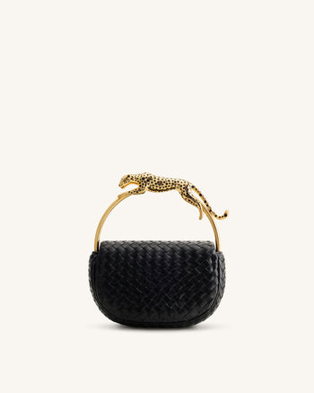 Ione Sac à poignée supérieure tissé avec anse en métal en forme de léopard - Noir