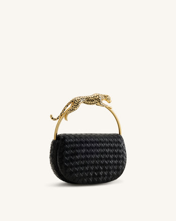 Ione Sac à poignée supérieure tissé avec anse en métal en forme de léopard - Noir
