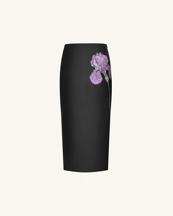 Iris Jupe crayon mi-longue en cuir taille haute à imprimé floral - Noir