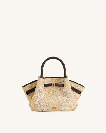 Mini sac cabas en fausse paille orné de perles Hana - Marron