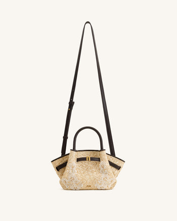Mini sac cabas en fausse paille orné de perles Hana - Marron