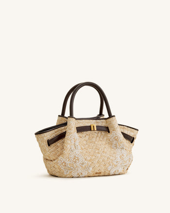 Mini sac cabas en fausse paille orné de perles Hana - Marron